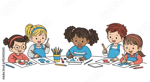 Five young children happily engaged in a colorful art activity together