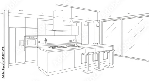 Modern Kitchen Design Blueprint Sketch.