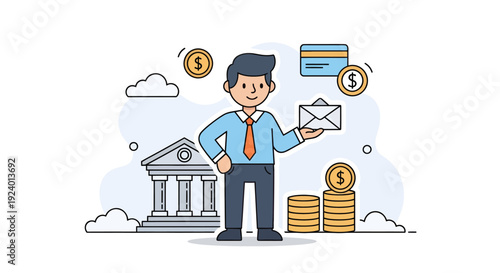 Financial Advisor Illustration with Bank and Coins