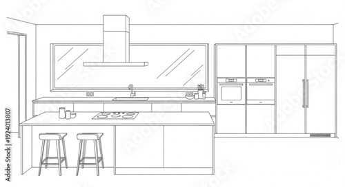 Modern Kitchen Design Blueprint Sketch.