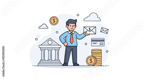 Businessman Sending Email with Financial and Banking Elements