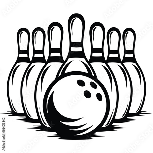 Striking black bowling ball sits before seven pins, challenging the player to aim