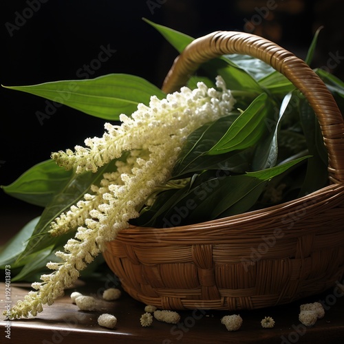 Elegant flowers in rustic wicker basket