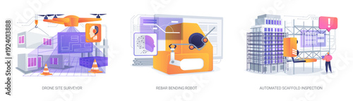 Robotics in Construction Planning and Safety abstract concept vector illustrations.