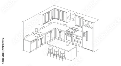 Modern Kitchen Design Blueprint Isometric View.