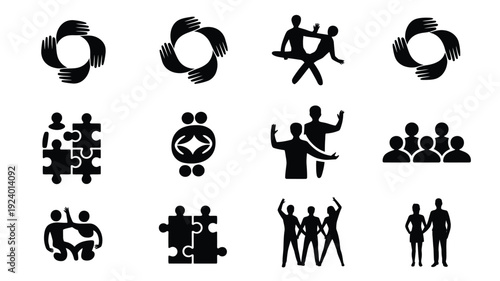 Black silhouettes of people in various teamwork and partnership poses on white background representing collaboration and unity