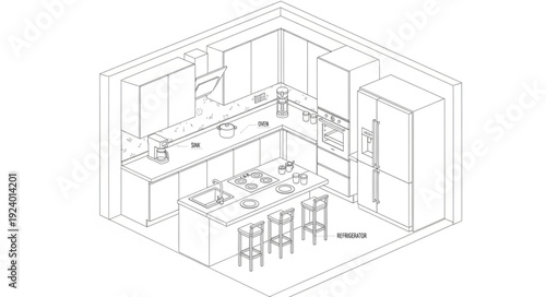 Modern Kitchen Design Blueprint Isometric View.