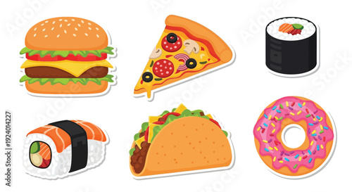 Assortment of popular fast food items including burgers pizza and sushi