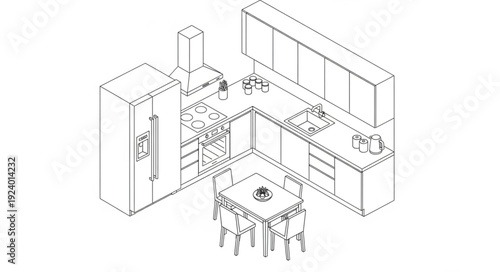 Modern Kitchen Design Blueprint Isometric View.