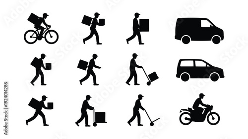 Delivery and transportation icons set with people carrying boxes on foot bicycle and motorcycle with vans