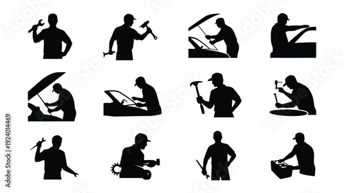 Workers in various construction and diy activities with tools silhouettes
