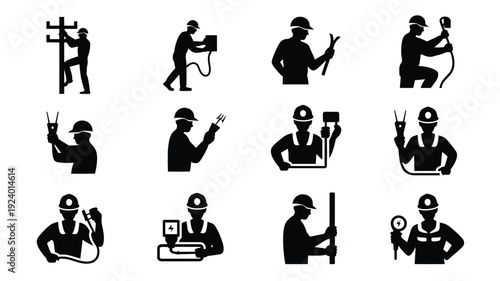 Electricians at work with tools and equipment in various poses and actions on white background