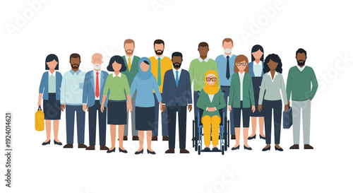 Diverse and Inclusive Business Team Standing Together - Multicultural Professionals & Community Representation in Flat Vector Style