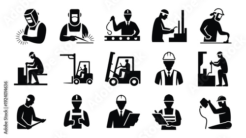 Industrial workers in various roles and tasks including construction manufacturing and engineering with hard hats and safety gear