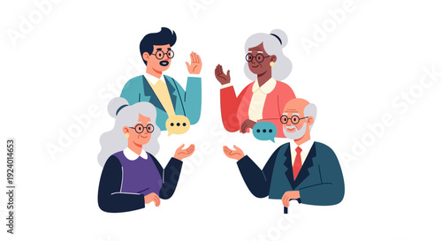 Diverse Group Communication & Intergenerational Discussion with Speech Bubbles | Flat Vector People Illustration