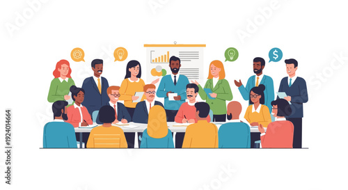 Diverse Business Team Meeting: Collaboration, Brainstorming, and Strategy Presentation with Creative Ideas and Financial Insights