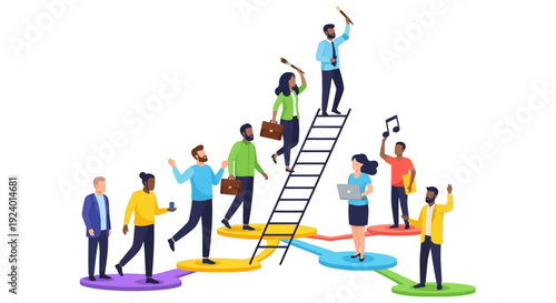 Diverse Professionals Climbing Ladder of Success: Career Growth, Skill Development & Collaboration