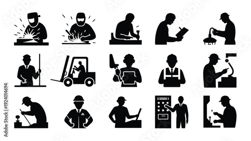 Collection of black silhouette icons depicting various industrial workers and occupations