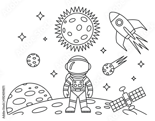 Astronaut, Rocket, and Space Scene Coloring Page