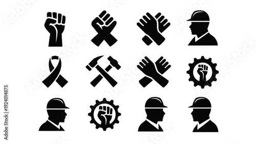 Black silhouettes of industrial workers tools and labor symbols on white background representing industry and workforce concepts