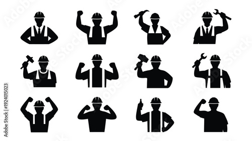 Black silhouettes of construction workers in various poses with tools hard hats and vests on white background