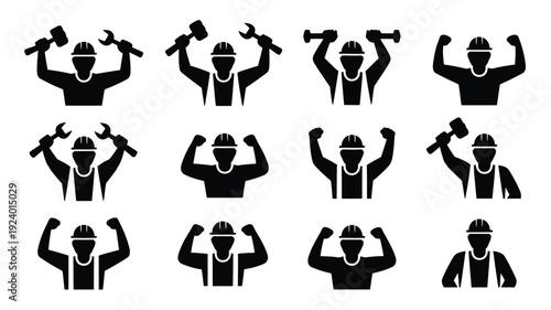 Black silhouettes of muscular workers with hard hats flexing and holding various tools like hammers and wrenches on white background