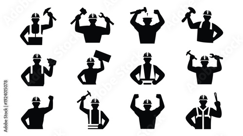 Black silhouettes of construction workers with various tools and poses on white background representing labor and industry concepts