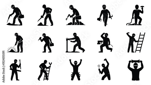 Collection of black silhouette icons depicting various laborers and construction workers in different actions and poses