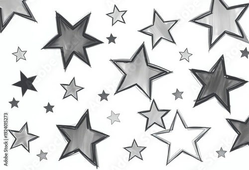Whimsical, unevenly-sized stars sketched in charcoal, varying shades of gray on white background, illustration, art