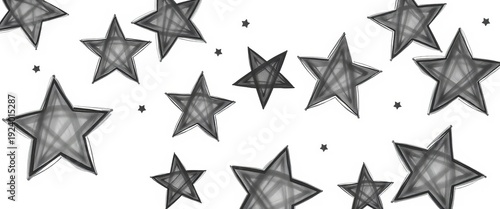 Whimsical, unevenly sized stars sketched in charcoal, varying shades of gray on white background,  white background, hand-drawn stars