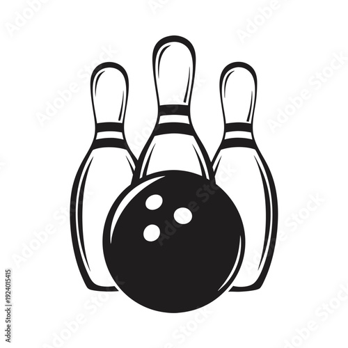A bowling ball sits prominently in front of three pins in a stark black vector