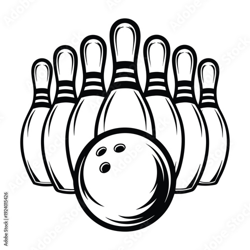 Seven outlined bowling pins stand behind one black bowling ball ready for a strike