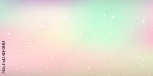 Rainbow unicorn background. Pastel pink color sky with stars. Holographic fantasy print with bokeh. Vector wallpaper for princess girl design