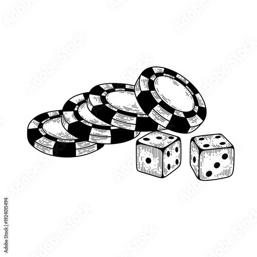 hand drawn casino poker chips and dice line art vector illustration