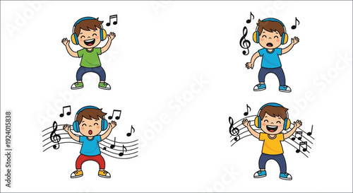 Cartoon boy enjoying music with headphones and musical notes