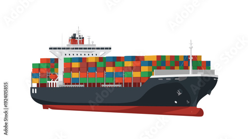 Digital Vector Illustration of Cargo Ship with Multicolored Shipping Containers in Side View