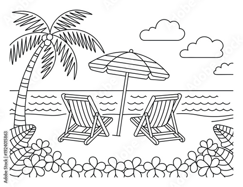 A Relaxing Beach Scene with Palm Tree, Chairs, and Umbrella for Coloring