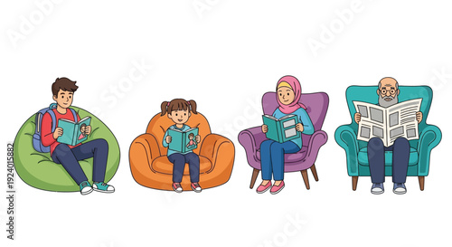 A diverse family enjoys reading books and a newspaper together