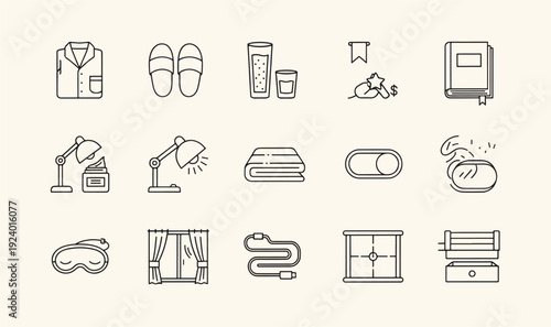 Premium Hotel Amenities  Bedroom Comfort Icon Pack - 15 Minimalist Line Art Graphics for Hospitality Services, Interior Design, Relaxation Gear  Travel UI Assets