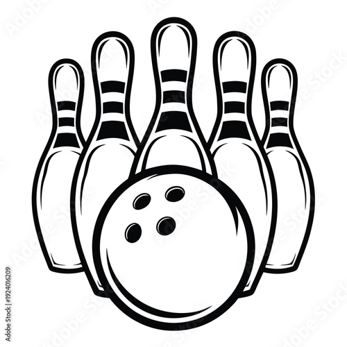 Striking black outlines showcase a bowling ball and five pins in stark simplicity