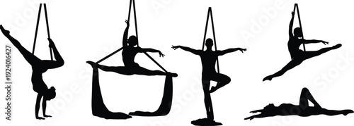 aerial silk acrobatics silhouettes, circus performance vector illustration, gymnastic aerial dance poses, , flexibility strength balance, creative fitness concept artwork