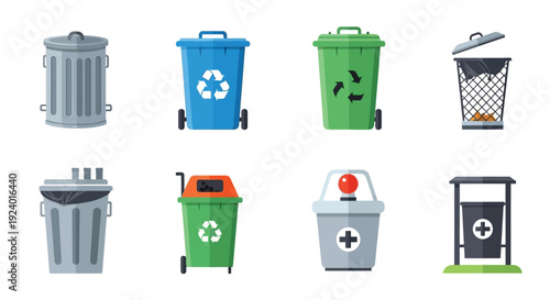 Colorful assortment of various trash and recycling bins in a flat design