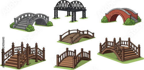 cartoon bridge designs vector illustration, stone arch bridge, metal truss bridge, brick arch bridge, decorative wooden bridge, landscape architecture concept, artistic inspiration