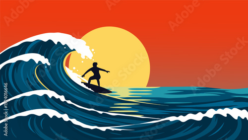 Sunset Surfer on Cresting Wave Vector Illustration