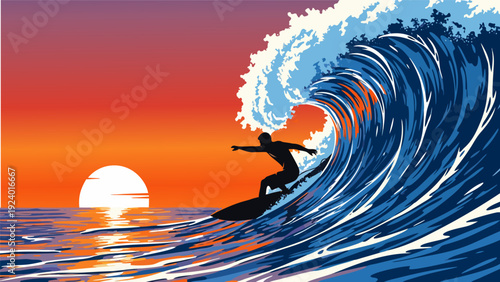 Dynamic Sunset Surfer Vector Illustration on Ocean Wave