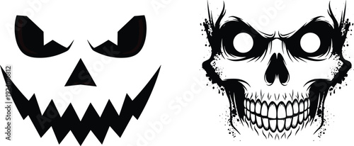 Halloween skull jack o lantern illustration, spooky horror face artwork, black white vector design, creepy pumpkin skull concept, scary decorative artwork set