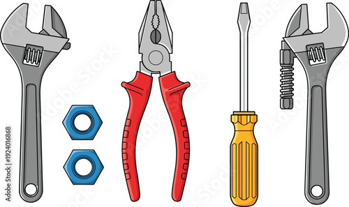 hand tools vector illustration, adjustable wrench pliers screwdriver artwork, hex nuts hardware design, mechanical diy equipment concept, black white tool identification set