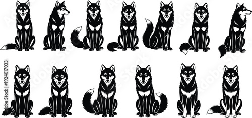 husky dog silhouettes vector illustration, black white artwork, sitting husky poses, cartoon animal design, pet breed identification concept, decorative character artwork
