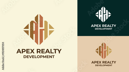A modern logo design for Apex Realty Development, featuring geometric shapes and earthy color tones that convey professionalism and innovation in real estate.