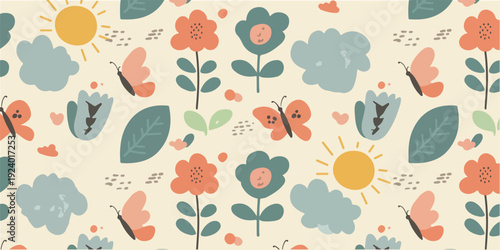 Vibrant floral pattern with colorful flowers butterflies and leaves on cream background